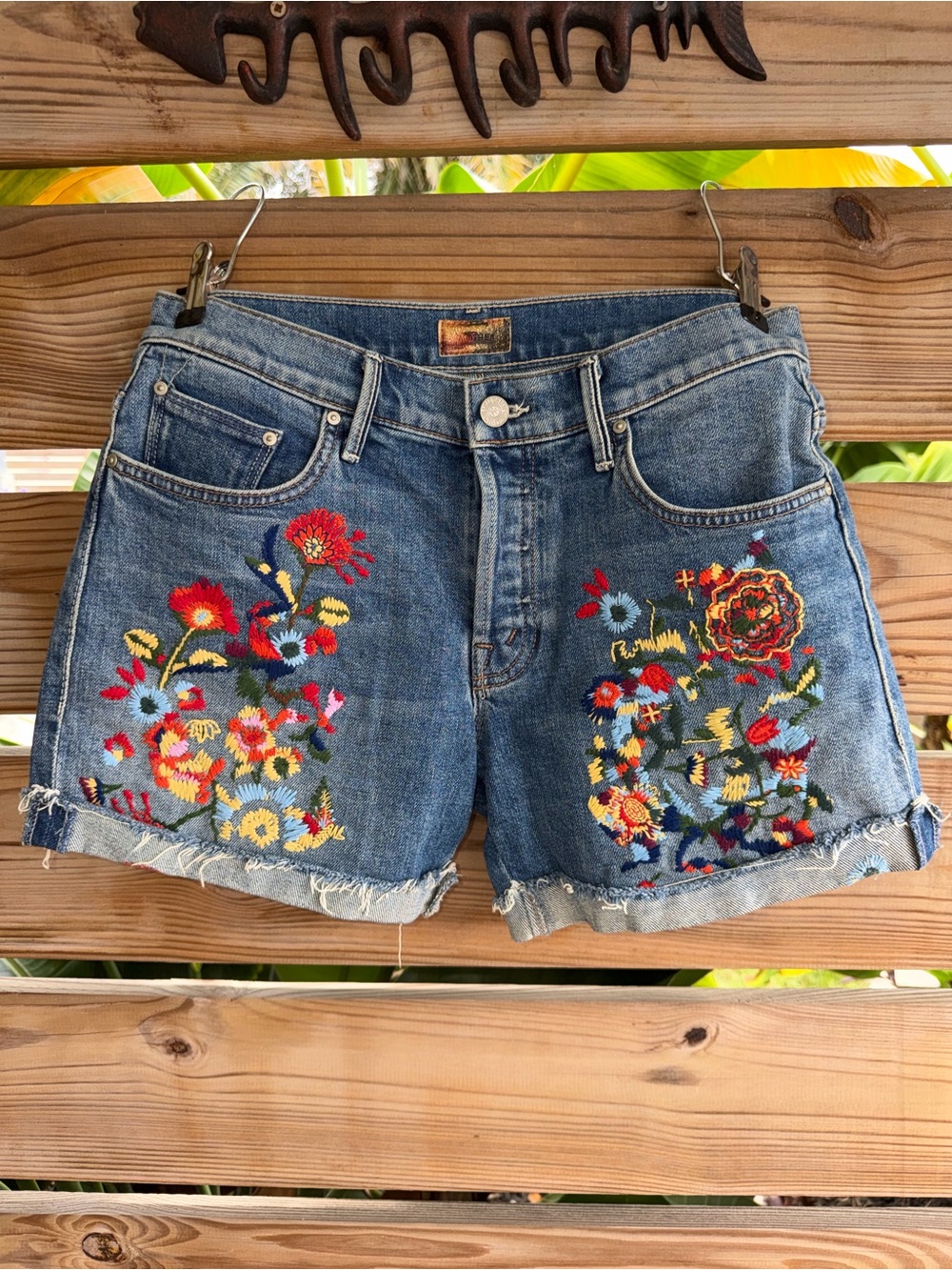 MOTHER Denim Cutoff Shorts with Multicolor Floral Embroidery - Blue